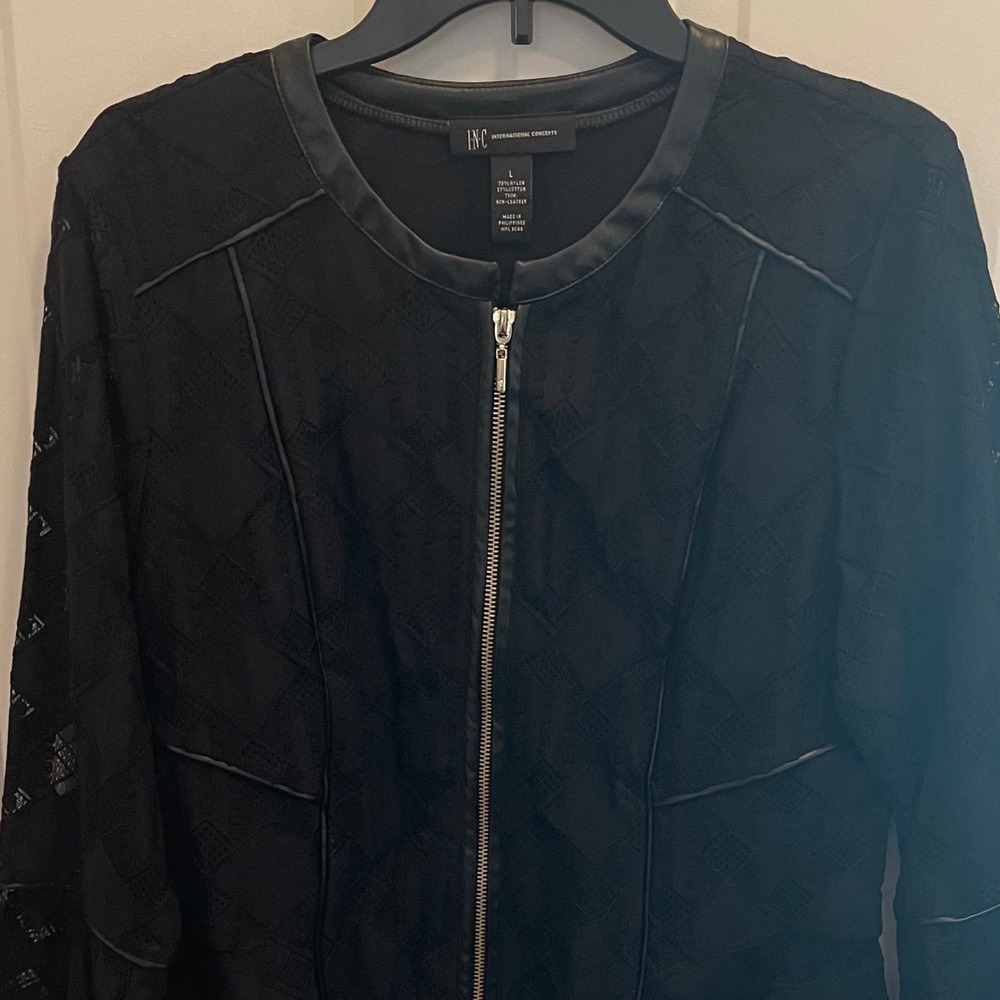 INC International Concepts Black Lace Zip Jacket Faux Leather Trim Peplum L New